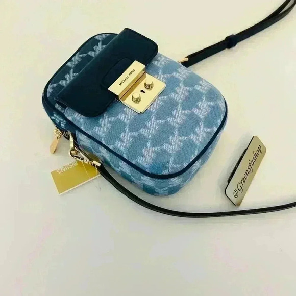 Michael Kors Sloan Editor Purse Small Phone Logo Jacquard Crossbody Navy - Picture 2 of 10